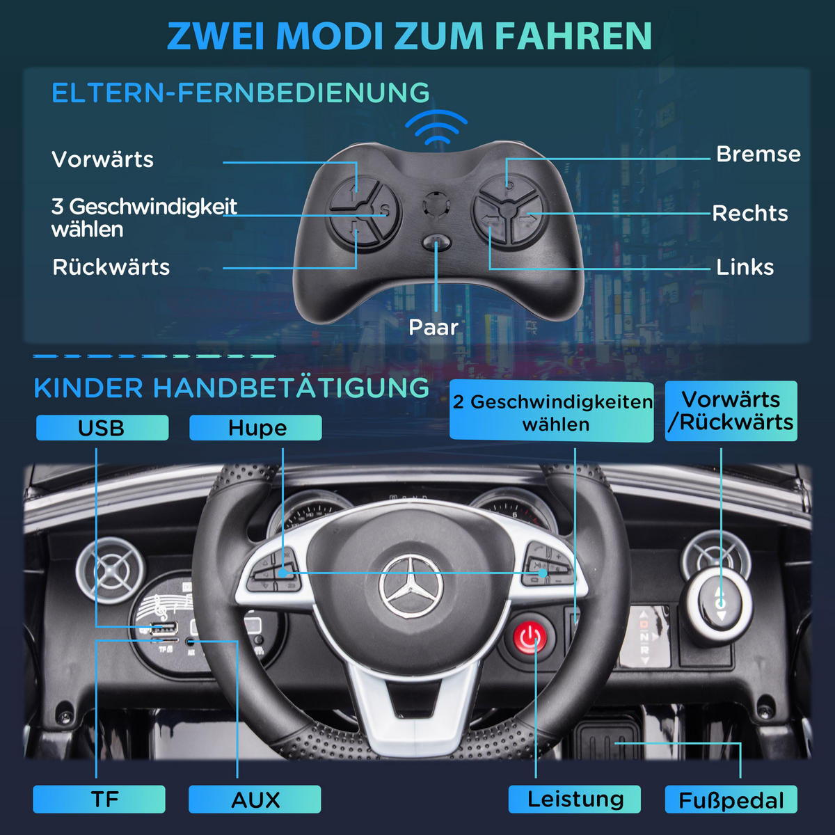 KINDER ELEKTROAUTO, Schwarz/Rot/Weiß, Kunststoff+ Metall - Schwarz, Metall (107/62.5/44cm) - AIYAPLAY