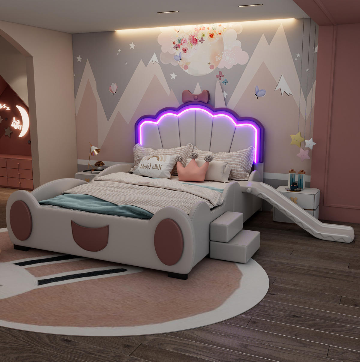 KINDERBETT Schmetterling 140/200 cm Rosa/Weiß mit LED, Rutsche und Leiter - Rosa, Kunststoff (140/200cm) - MIVRAY