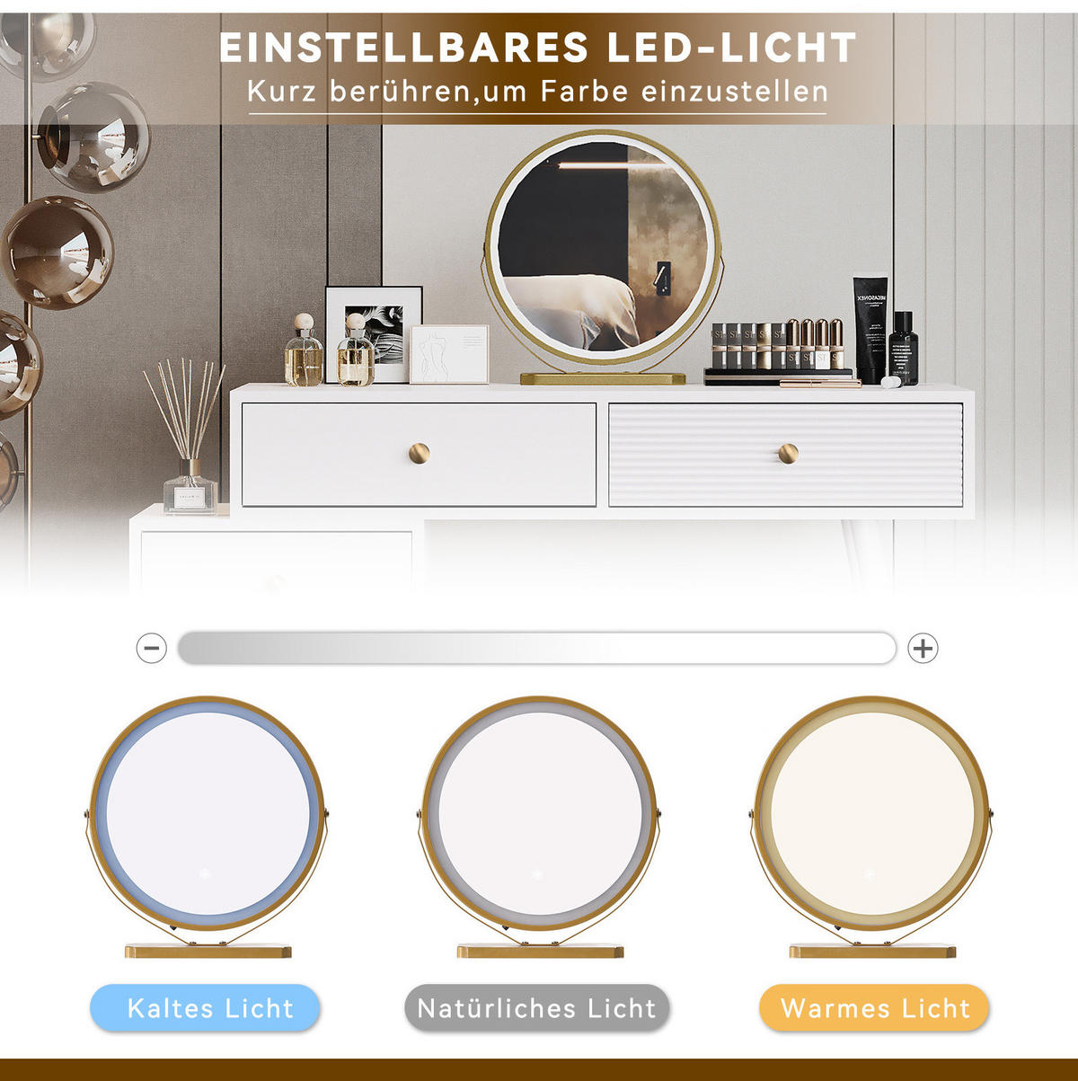 STOL za šminkanje s LED ogledalom, 100/78/40 cm, MDF bijeli, s bočnim ormarićem - bijela, drvni materijal (40/78.5/100cm) - BEAOK