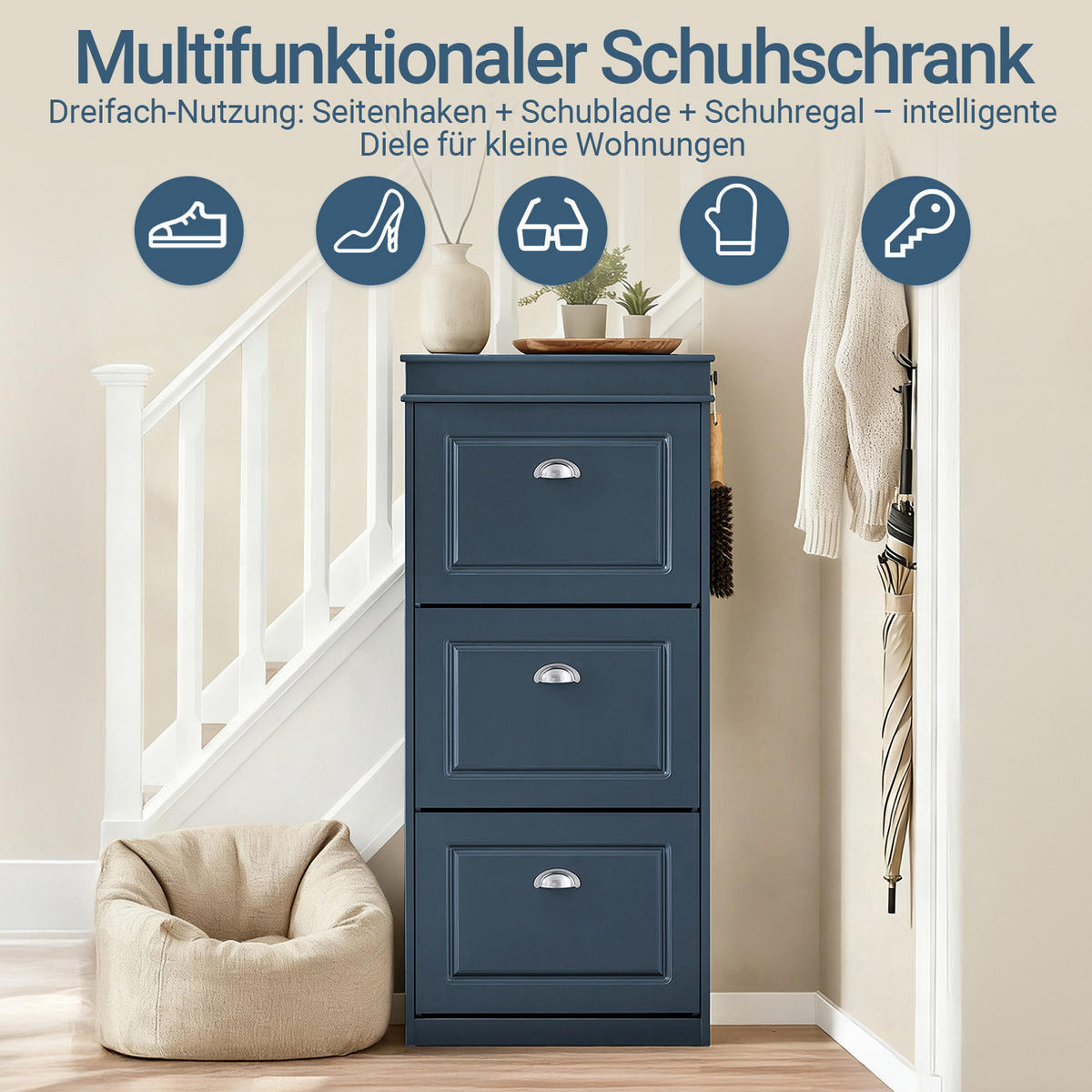 SCHUHKIPPER mit Schublade und Haken, Schuhschrank Blau 53x24x118cm - Blau, Holzwerkstoff (53/118/24cm) - SoBuy