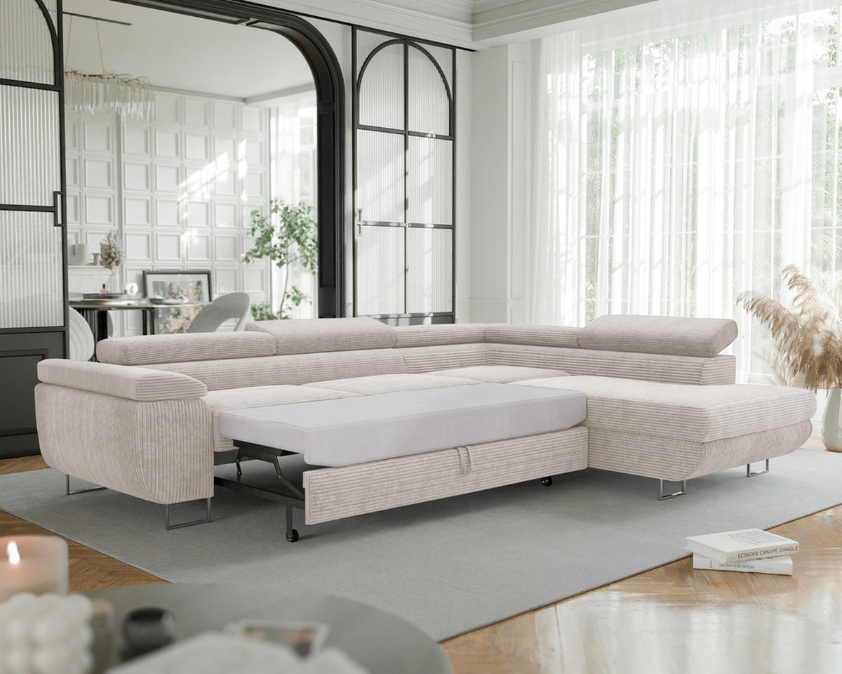 ECKSOFA ANTON mit Schlaffunktion und Bettkasten Creme - Creme, Holzwerkstoff/Kunststoff (274/203cm) - Idohome