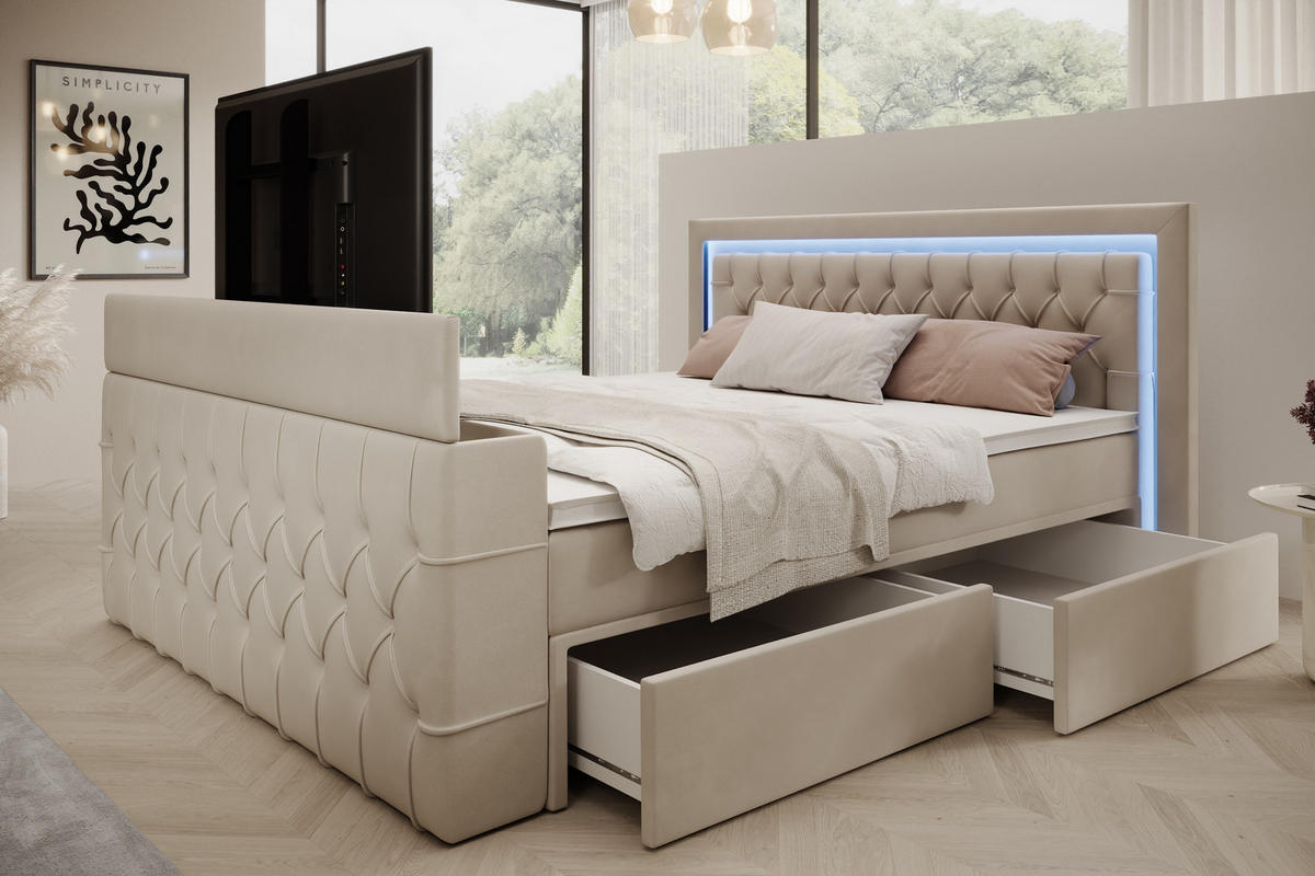 BOXSPRINGBETT Arosa TV mit Schubladen und Topper, TV-Lift, LED Beleuchtung, Samt, 180x200 cm, Beige - Beige, Holz - PROMETO Möbel