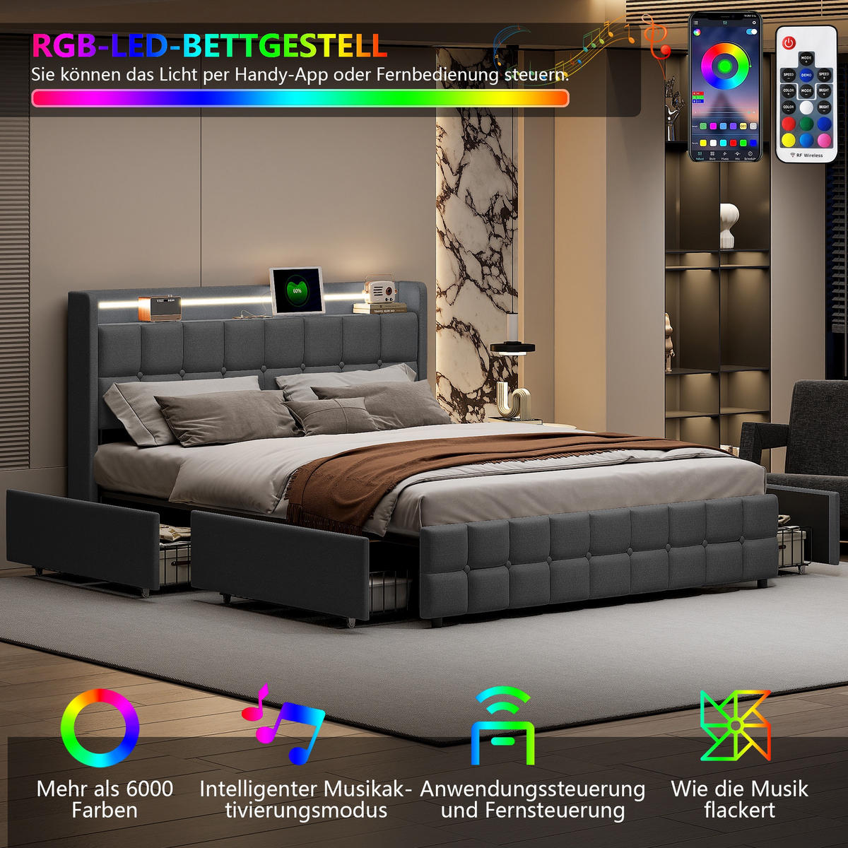 POLSTERBETT 160x200 cm Square Smart mit RGB-LED, EU-Steckdosen & USB-Ports, 4 Schubladen, Leinen-Optik, Dunkelgrau - Grau, Textil (160/200cm) - DELFA