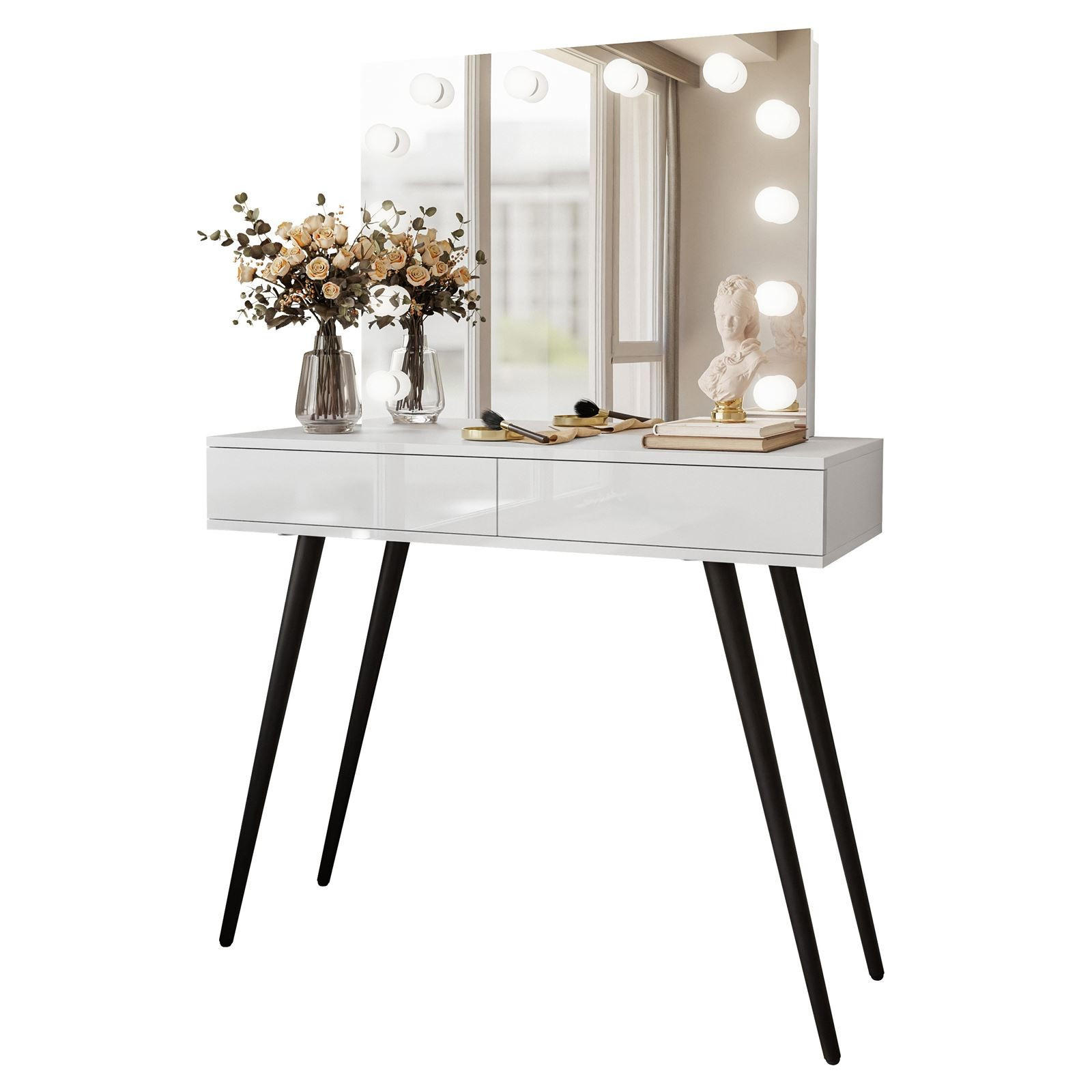 SCHMINKTISCH SIENNA LOFT ELITE mit Spiegel PUSH OPEN - Weiß Hochglanz/Schwarz, Holzwerkstoff (100/81/42cm)