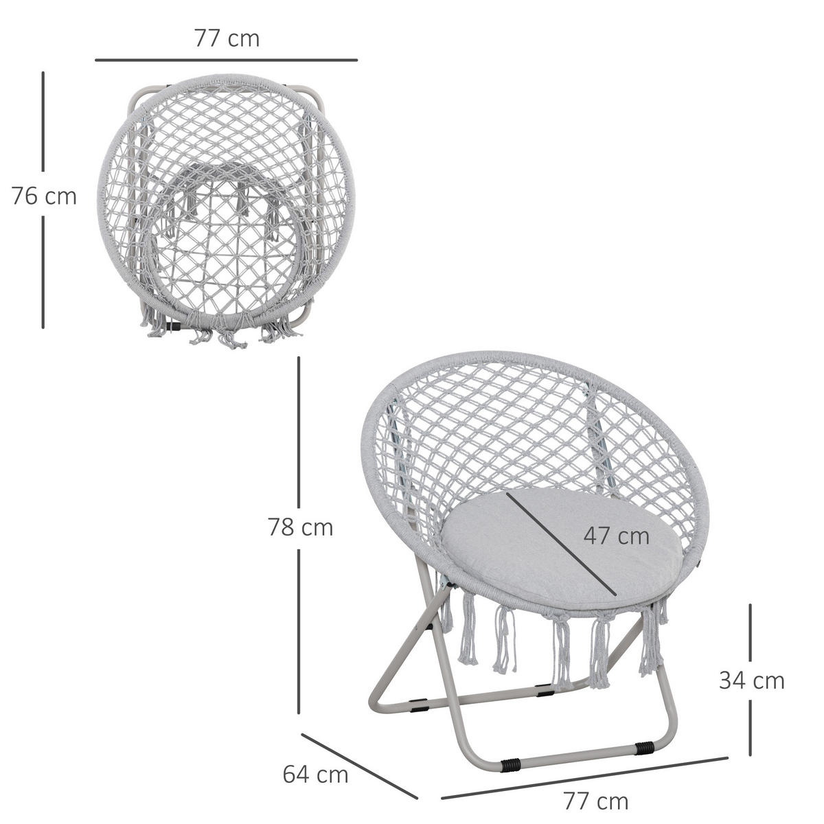 GARTENKLAPPSESSEL DE-17764 mit Makramee-Fransen Grau - Grau, Metall (64/78/77cm) - ComfortXL