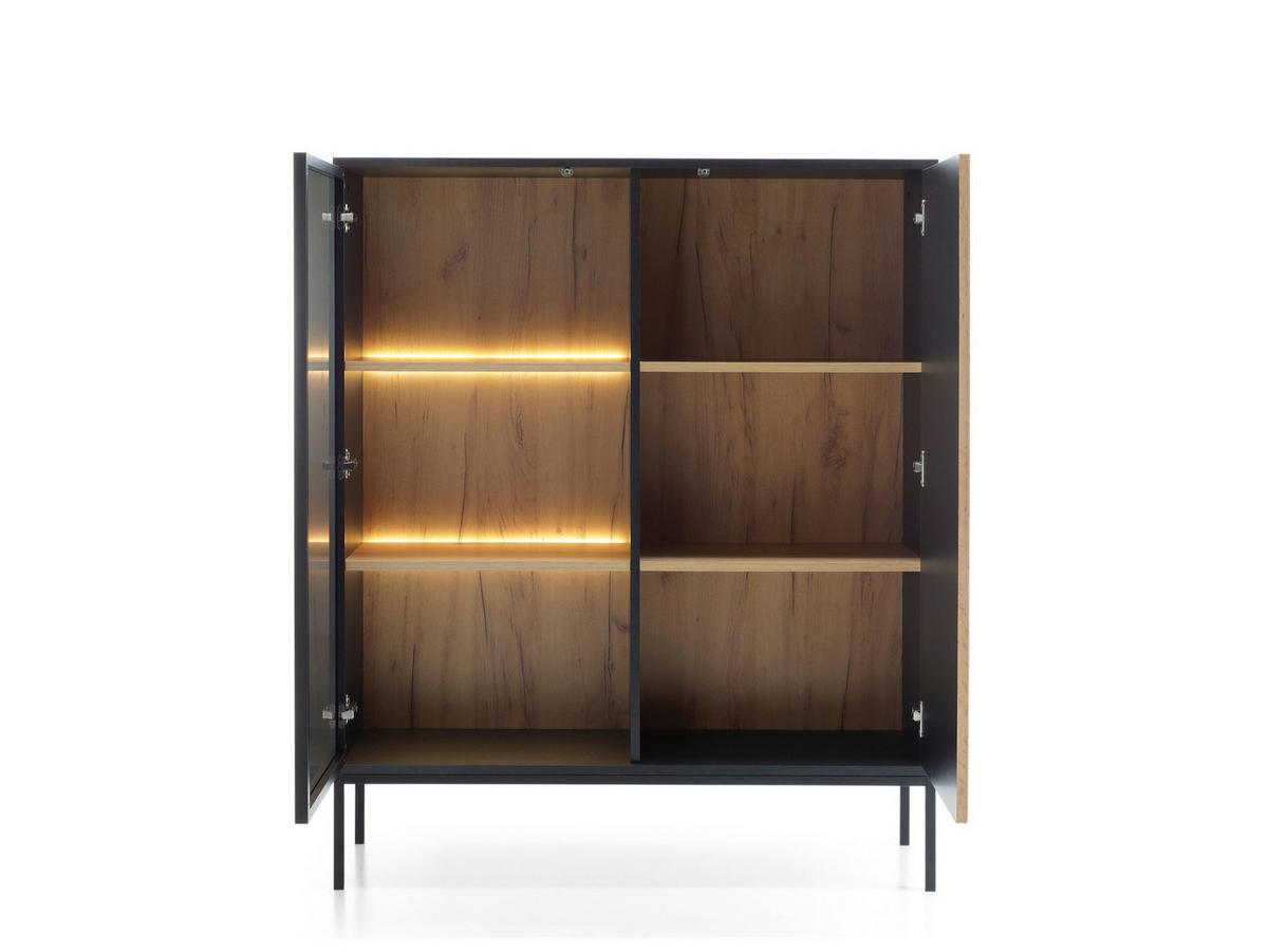 MODERNE Geriffelte Vitrine LAGOS W2D (Schwarz, Eiche Wotan, LED, Metallfüße, Push to Open) - Eiche Wotan/Schwarz, Glas/Holz (104/126/39cm) - Ravio