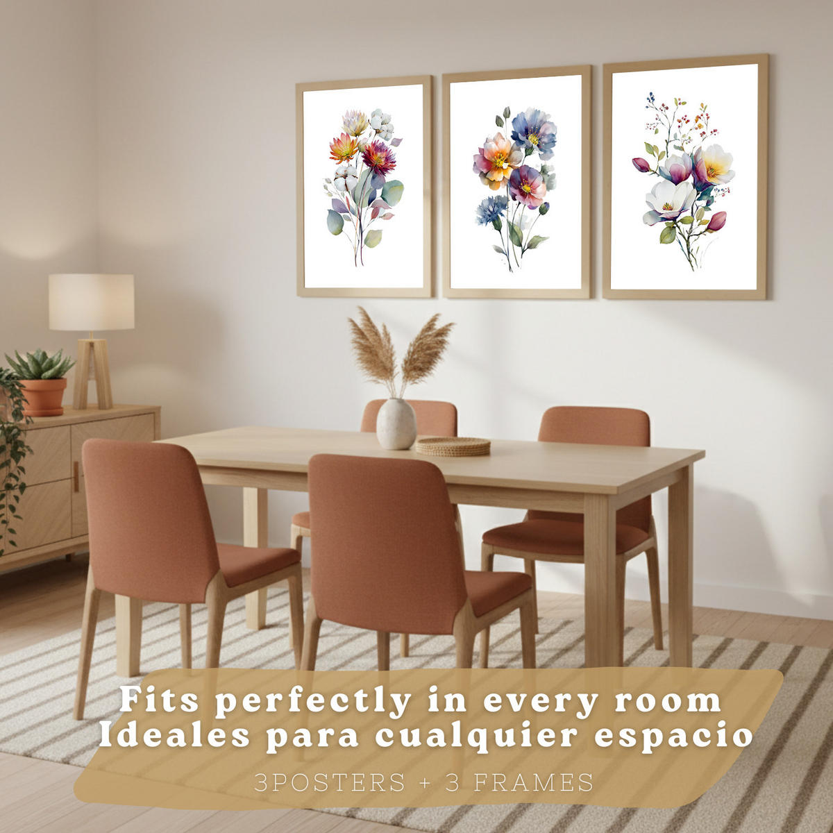 PLAKAT Sada 3 botanických uměleckých tisků. Květinové nástěnné umění. Moderní minimalistický květinový nástěnný PLAKAT. Velikost Světlý dřevěný rám A3 - béžová, papír (29.7/42/3cm) - Nacnic