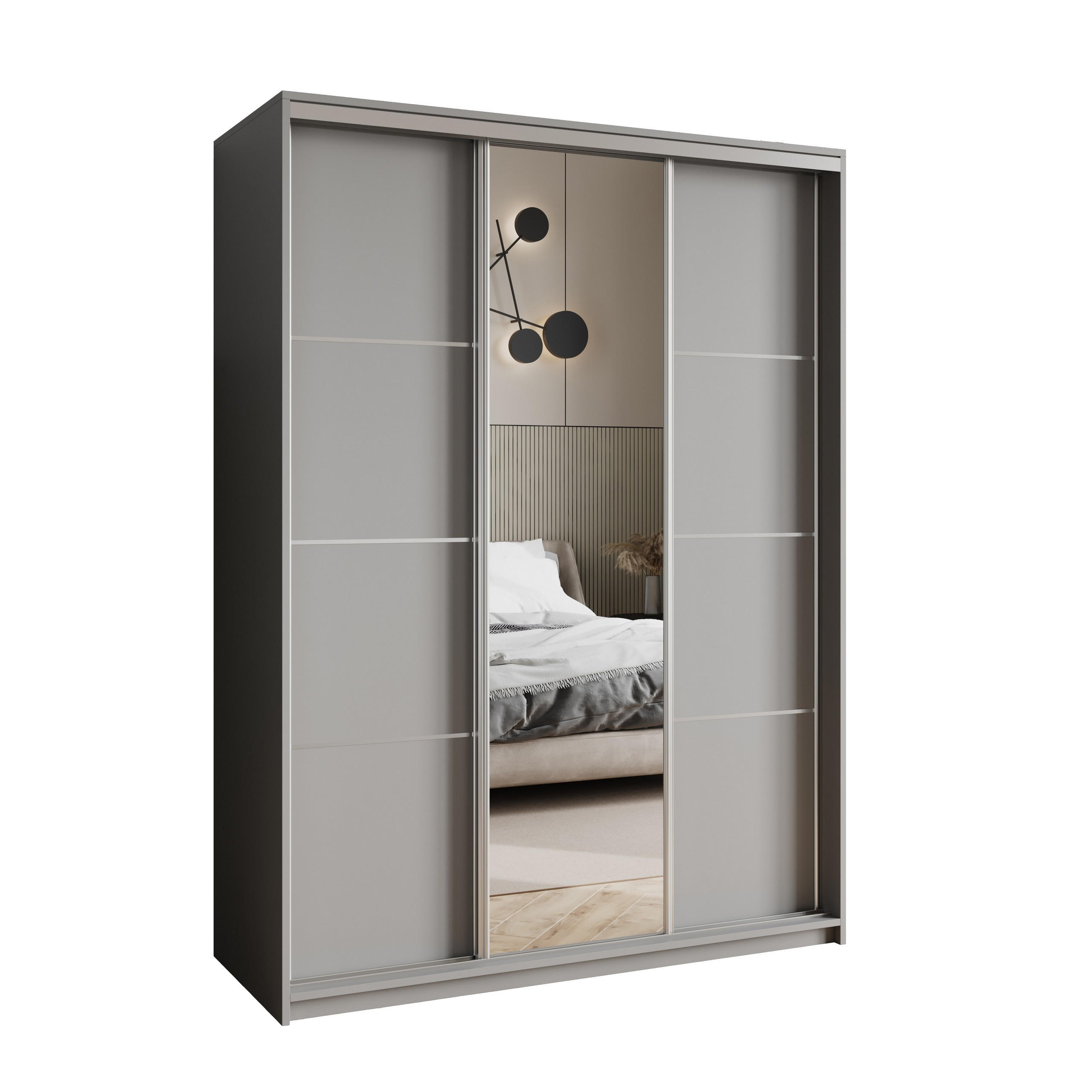 SCHWEBETÜRENSCHRANK VARO 150/205/60 cm 3-türig mit Spiegel Graphitfarben - Graphitfarben, Holzwerkstoff (150/205/60cm) - MASSENO