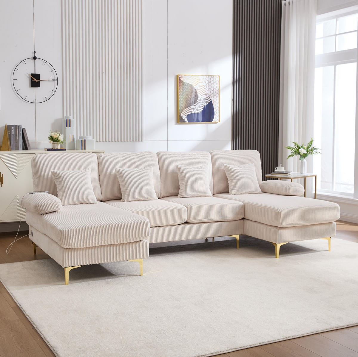 U-FORM Wohnlandschaft Samt mit LED und USB-Anschluss 265/135/88 cm Beige - Beige, Textil (135/88/265cm) - Redom