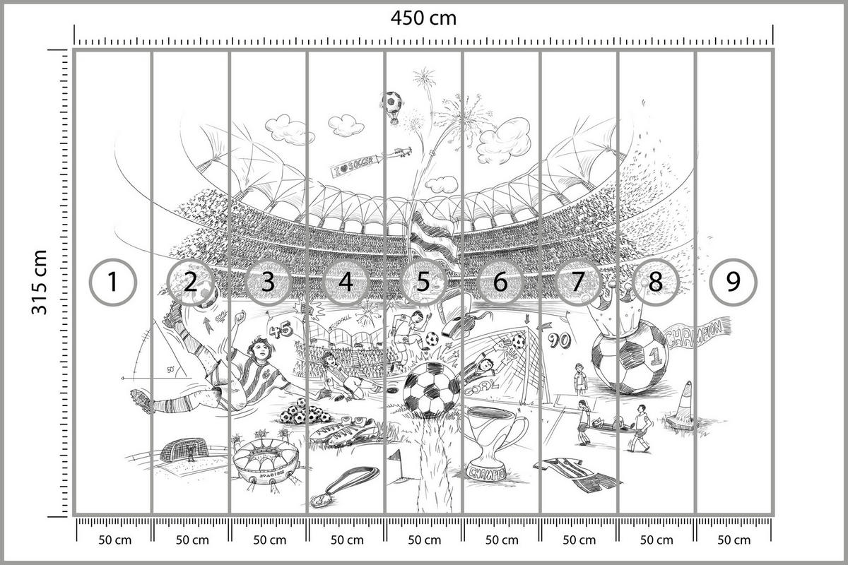 FOTOTAPETA Pre Detskú Izbu Futbalový Štadión Skica Hráč Lopta Pohár Šport 450 x 315 cm - sivá/biela, papier (450/315cm) - Muralo