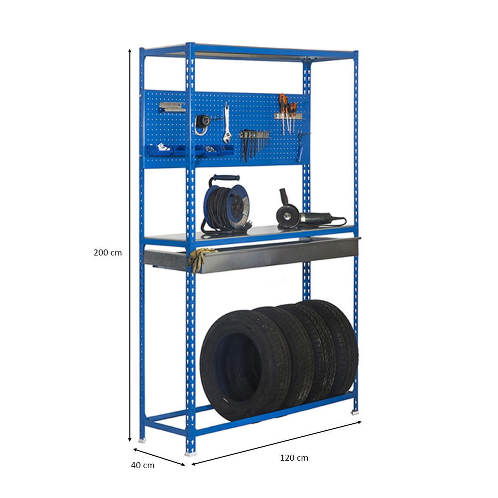 REIFENREGAL mit Arbeitsfläche und Schubfach Metal Shark NO.5 HxBxT 200 x 120 x 40 cm 6 Reifen Blau - Blau, Metall (120/200/40cm) - PROREGAL