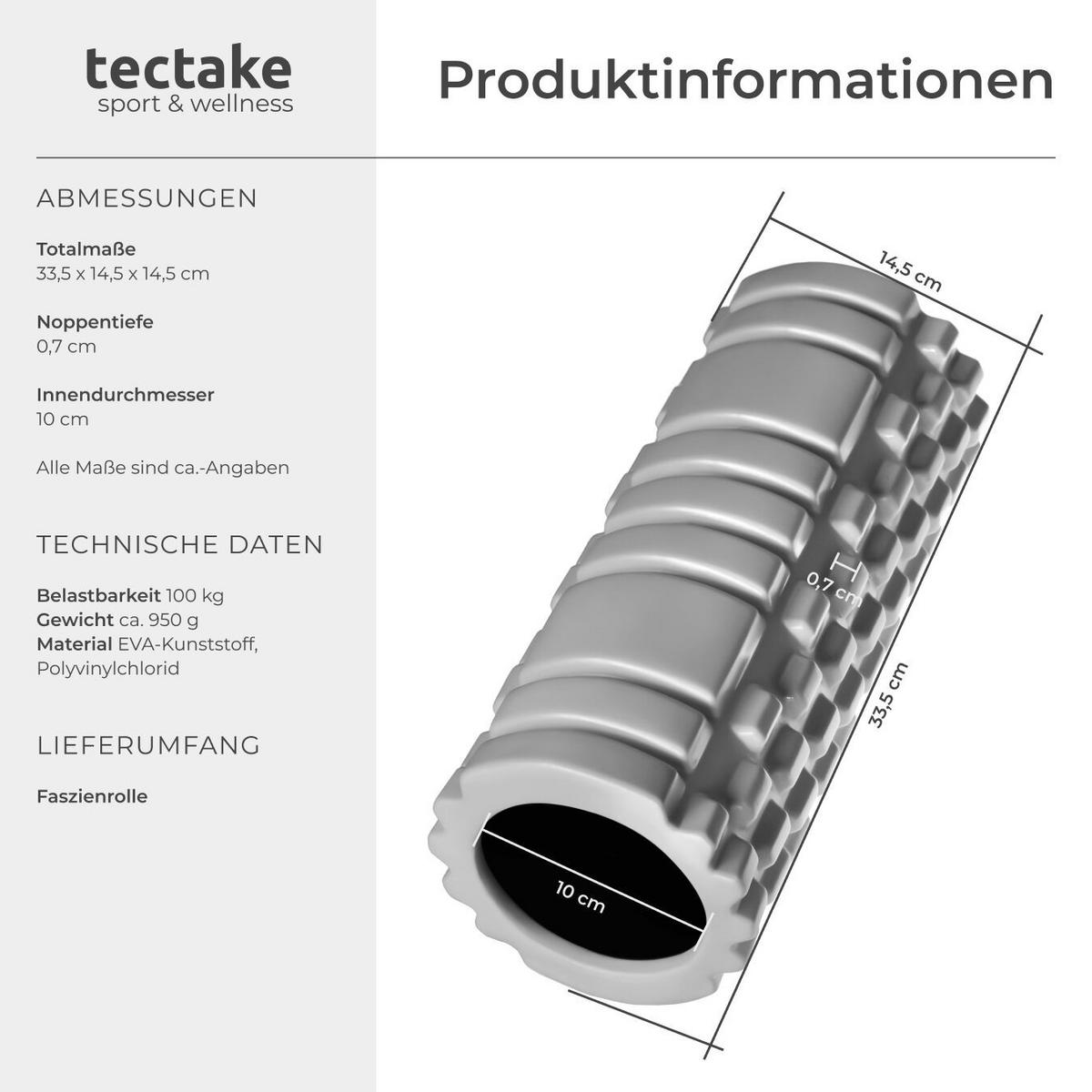 FASZIENROLLE , leichte Reinigung, 335 x 145 mm, grau - Grau, Kunststoff (14.5/14.5/33.5cm) - tectake