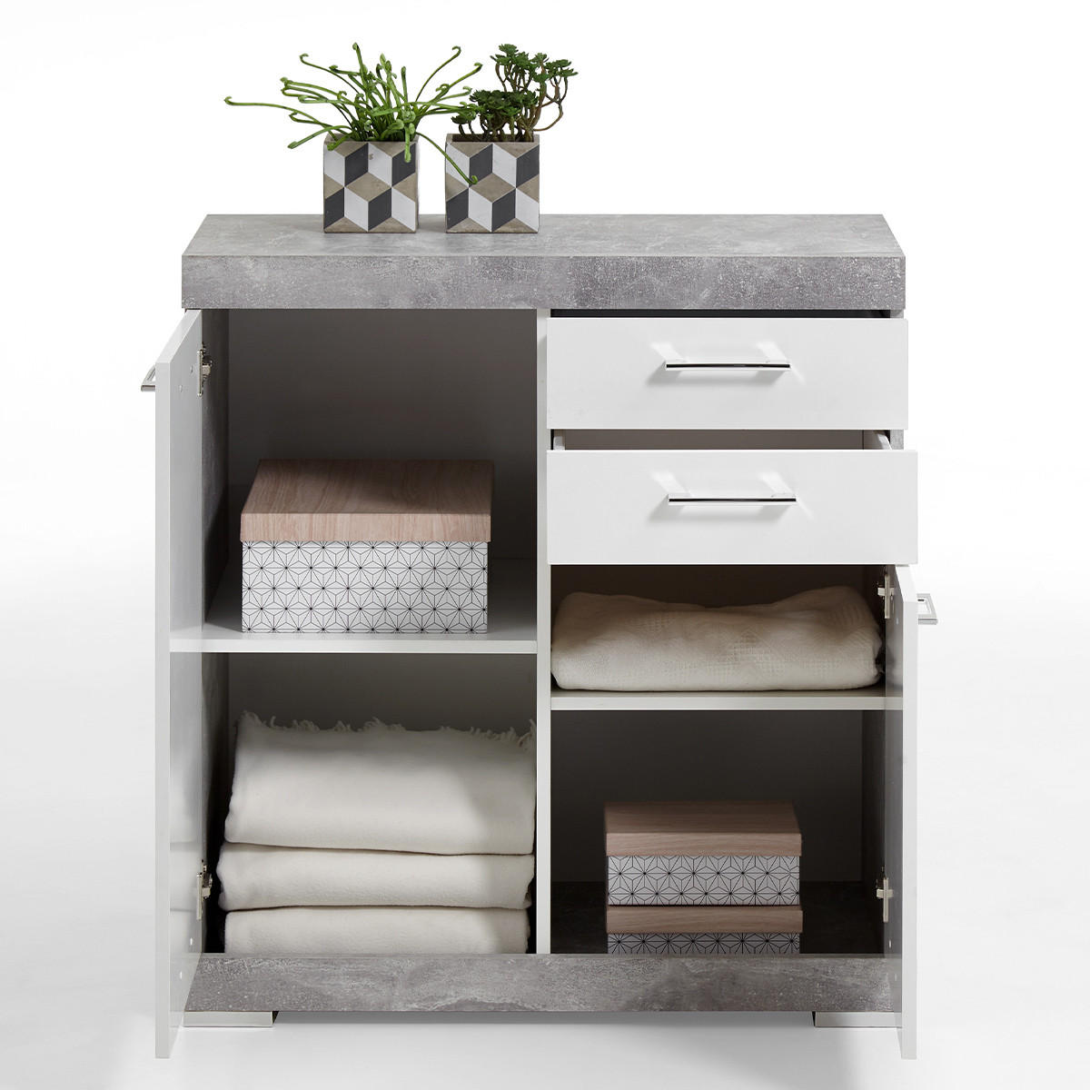 SIDEBOARD mit 2 Türen und 2 Schubladen L80cm - Bristol - Weiß/Grau, Holzwerkstoff (34.9/89.9/80cm) - Calicosy