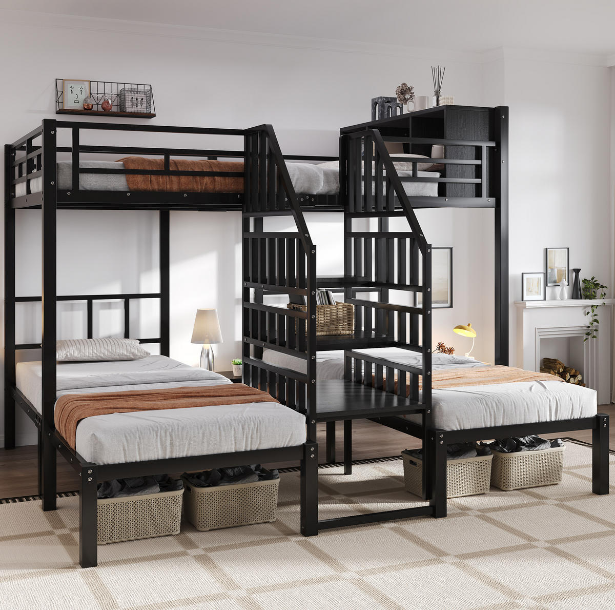 ETAGENBETT 90/200 & 140/200 cm mit Treppe, Handläufen und Stauraum, Schwarz - Schwarz, Metall (90/200cm) - Redom