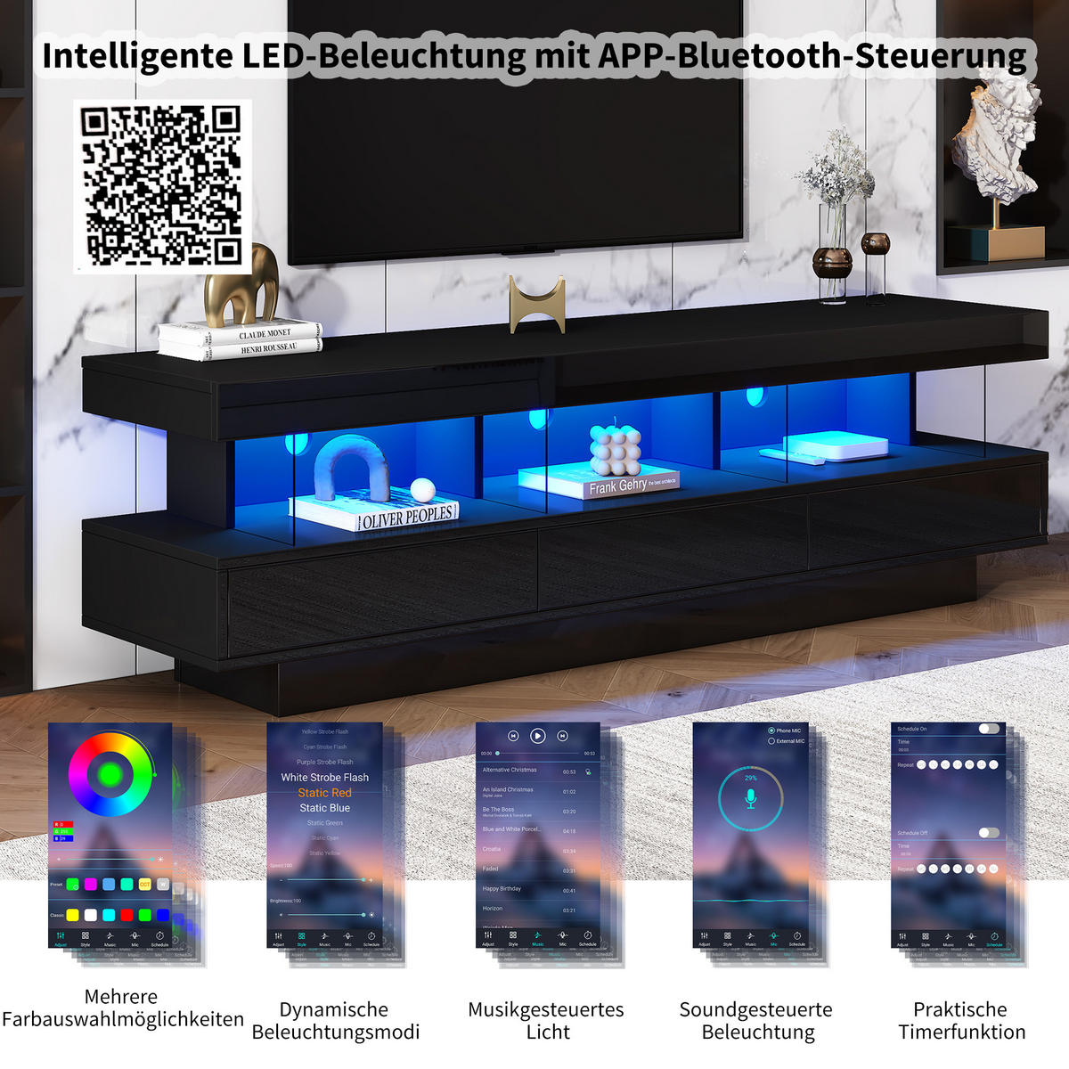 TV-ELEMENT in Schwarz TV-Ständer mit 3 Schubladen, LED-Beleuchtung , geeignet für das Wohnzimmer. Maße: 160 cm (B) / 38 cm (T) / 50,5 cm (H) - Schwarz, Holzwerkstoff (160/50.5/38cm) - STILVORA