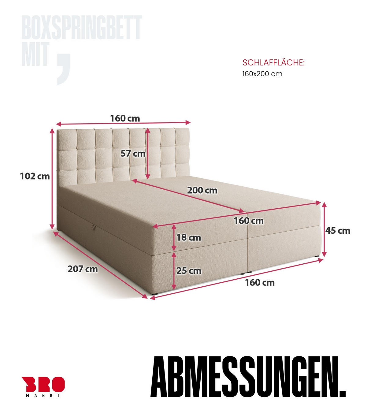 BOXBETT Detroit mit Topper 160/200 Ecru - Ecru, Holzwerkstoff/Textil (160/200cm) - Bromarkt