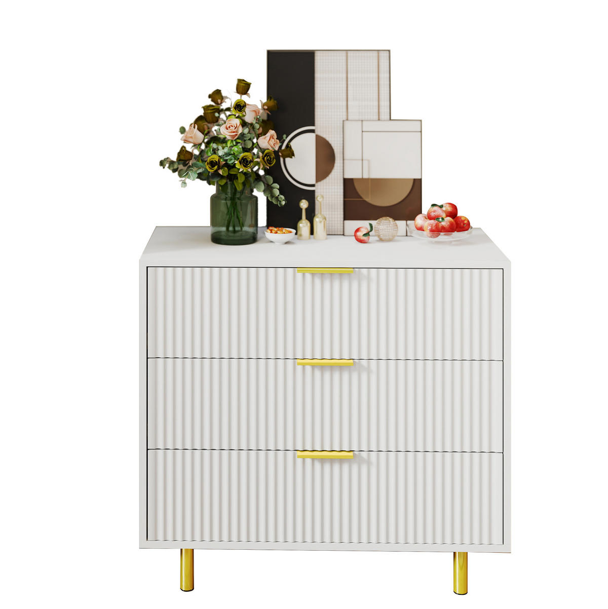 KOMMODE 80/40/72 cm mit 3 Schubladen und goldfarbenen Metallgriffen - Weiß, Holzwerkstoff (80/72/40cm) - BEAOK