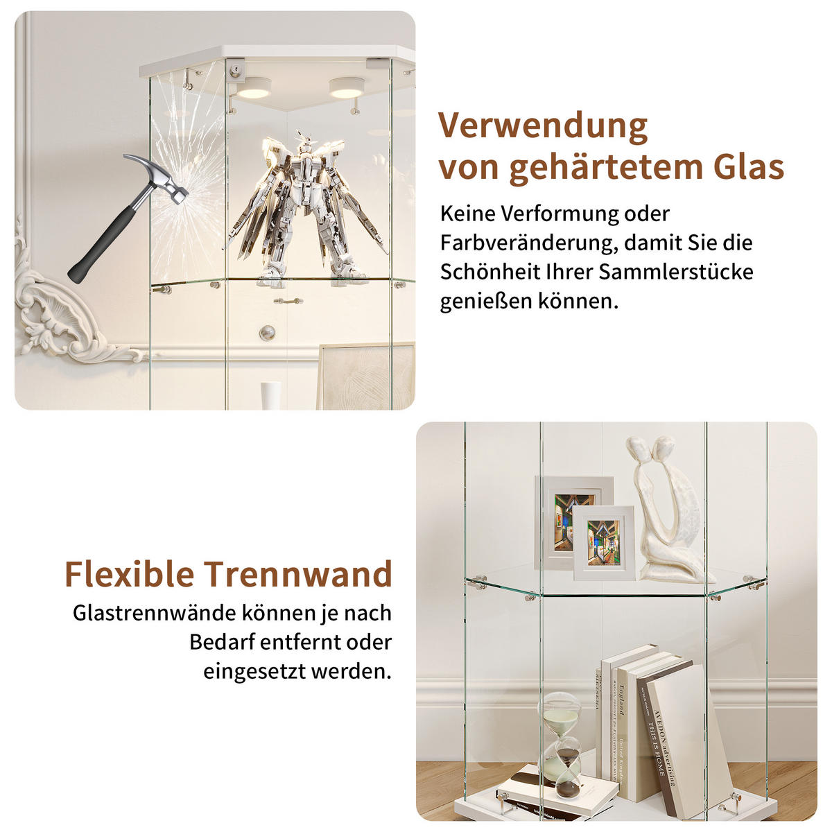 VITRINE 4 Etagen, 1 Tür, LED-Touchlicht Sockel, Pentagon, Weiß - Weiß, Glas (60/160/40cm) - EuroLiving