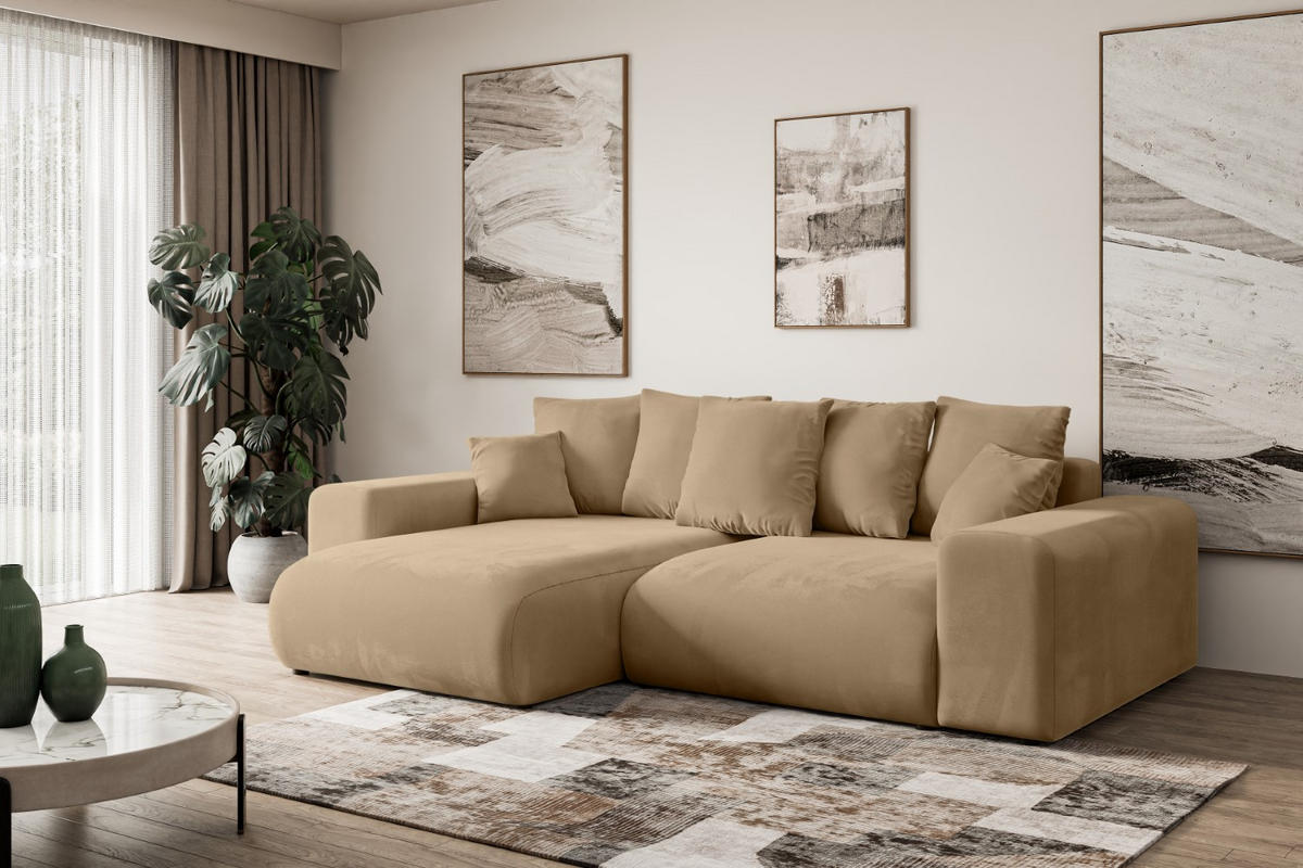 ECKSOFA mit Schlaffunktion und Bettkasten ESKAR-L 256x165x84cm Beige Velours - Beige/Schwarz, Holzwerkstoff/Kunststoff (165/256cm) - ALTDECOR
