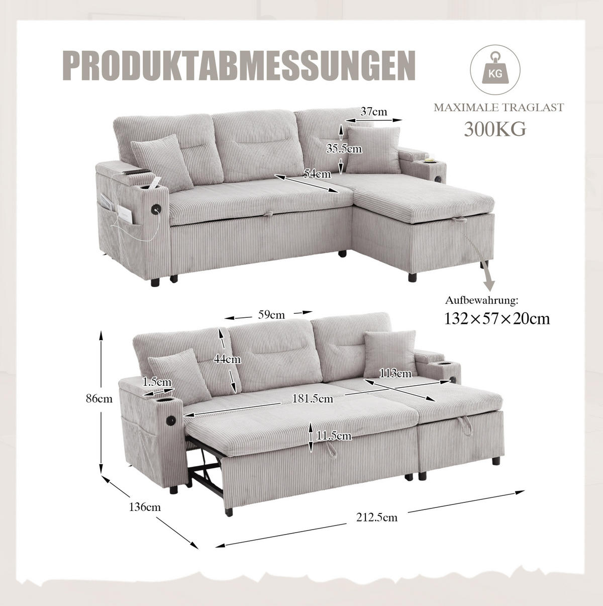 ECKSCHLAFSOFA 3-Sitzer Cord mit Schubladenbett und USB-Anschluss Hellgrau 212,5/136/86 cm - Hellgrau, Textil (136/212.5cm) - Redom