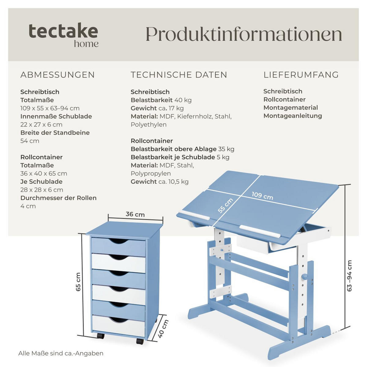 SCHREIBTISCH ,pflegeleicht,blau - Blau, Holz (55/94/109cm) - tectake