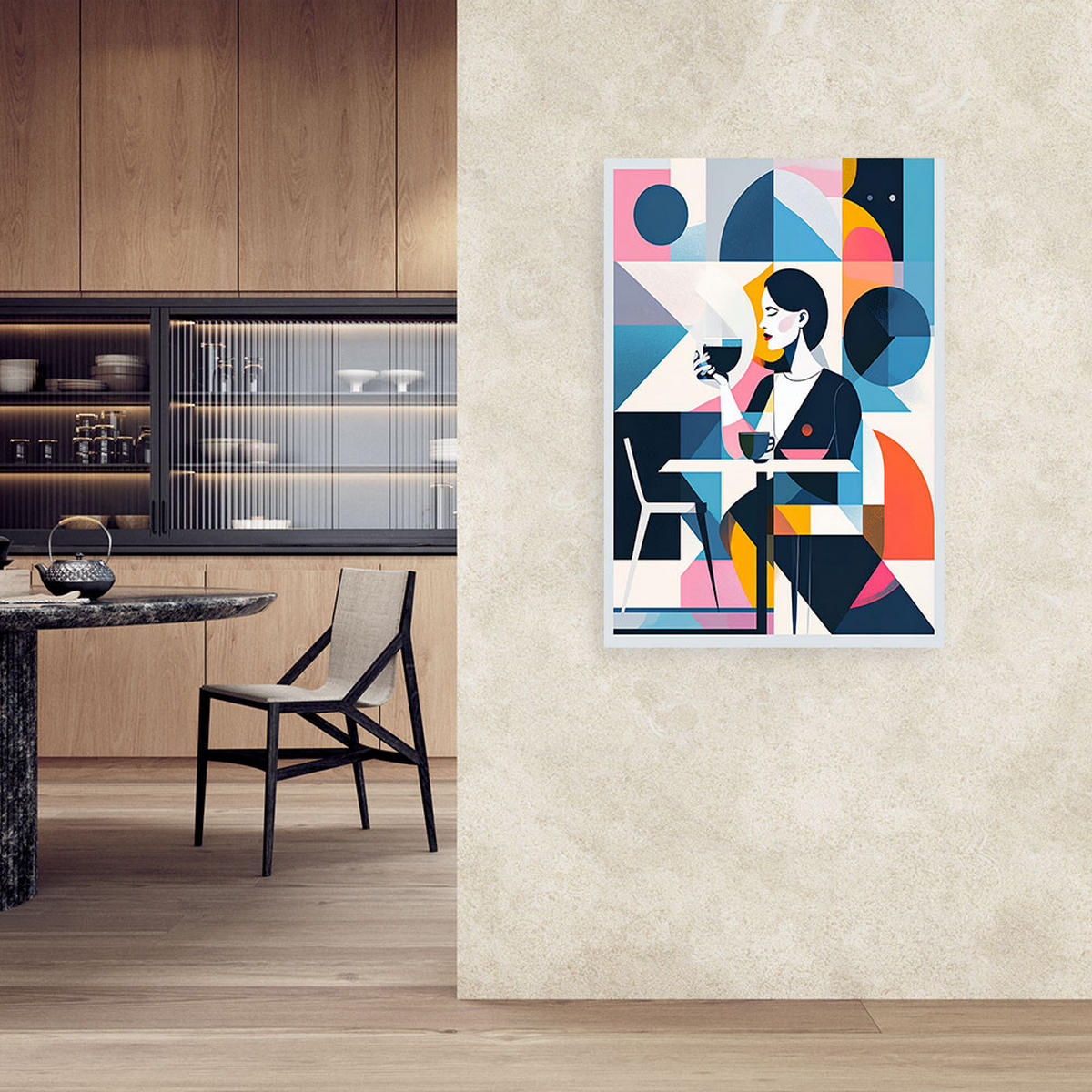 LEINWANDBILD Frau mit Kaffee im Bauhaus-Stil 60x90cm - Multicolor, Textil (60/90cm) - Feeby