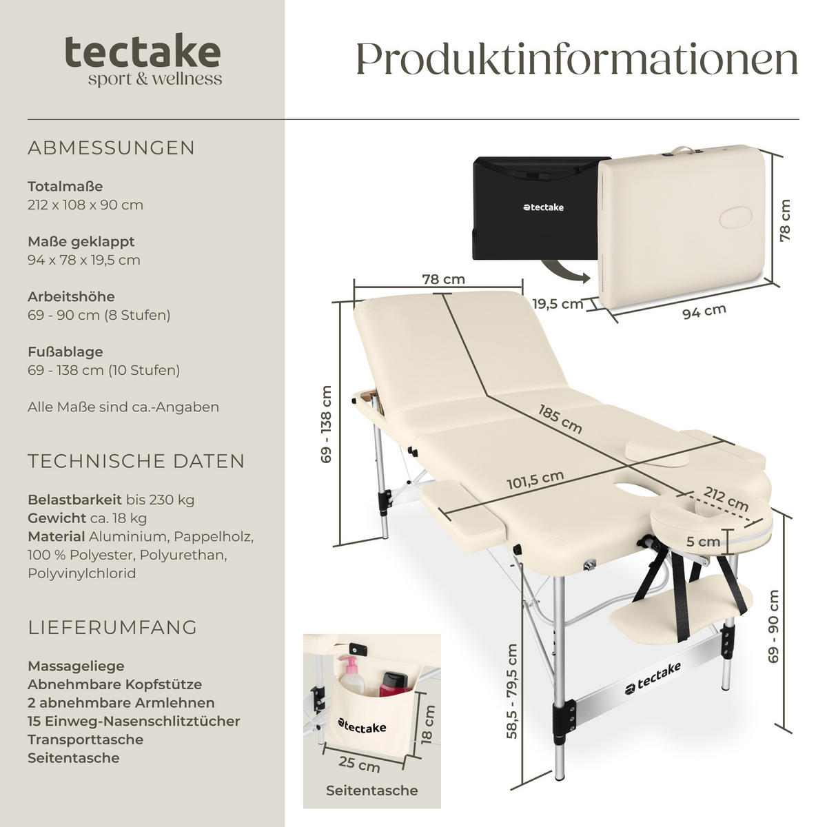 MASSAGELIEGE 3 Zonen Ko Tao,212 x 108 x 90 cm,beige - Beige, Metall (108/90/212cm) - tectake