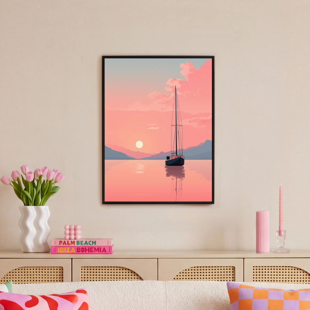 LEINWAND Bilder mit Rahmen - Segelboot - Rosa Meer - Sonnenuntergang - Berge - 60x80 - Rosa, Textil (60/80cm) - MuchoWow