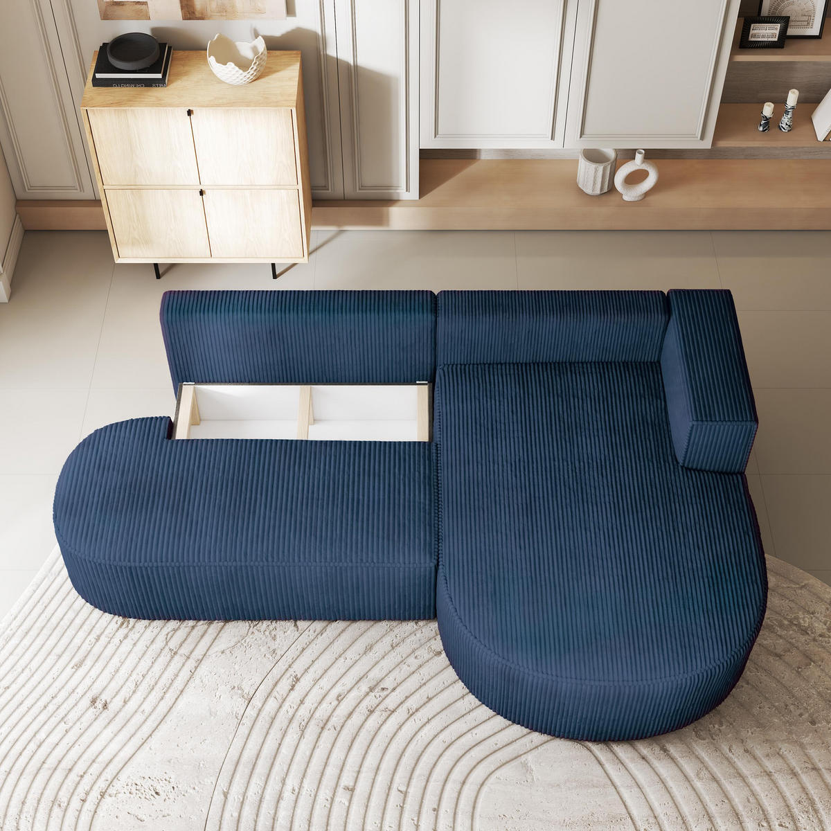 ECKSOFA CORTIO P R-S Blau Kordstoff mit Schlaffunktion - Blau, Holz (265/174cm) - MASSENO