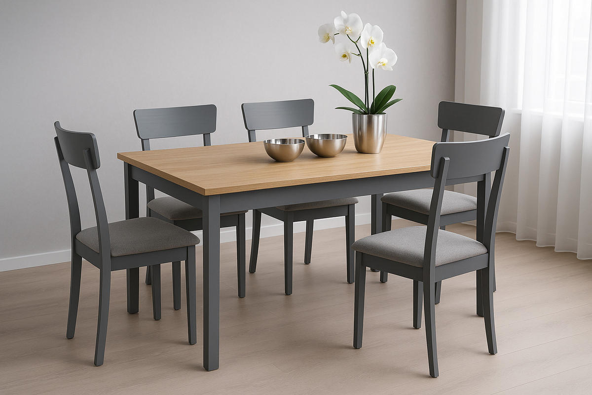 STUHL Hugo 1 (6er Set) - Graphitfarben/Nickelfarben, Holz (43/86/40cm) - Leaf Design