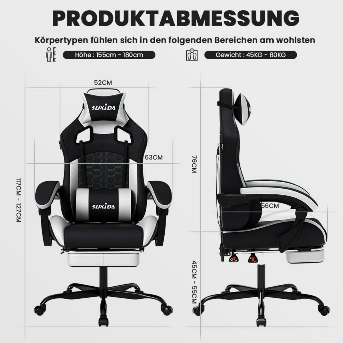 ERGONOMISCHER Gaming Stuhl mit Kopfstütze und Lendenwirbelstütze, mix - Multicolor, Textil (57/45/52cm)