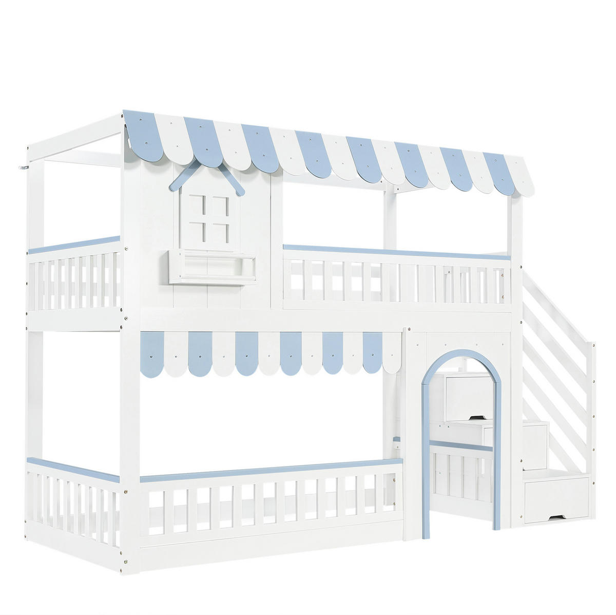ETAGENBETT 90/200 cm mit Treppenstauraum und Schutzgittern in Weiß/Blau - Weiß, Holz - BEAOK