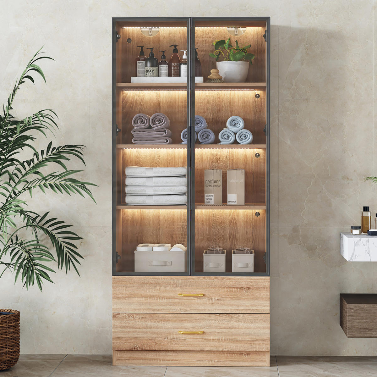 VITRINE 75 cm Braun mit Lichtleiste und Glastür - Braun, Holzwerkstoff (75/170/34.5cm) - Flora Grace