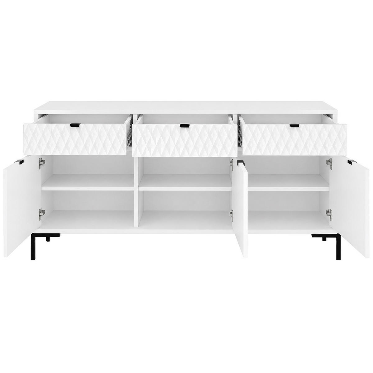 KOMODA Montreal se 3 dvířky a 3 zásuvkami, dekorativní 3D čela, 150 cm, bílá - bílá/černá, kov/kompozitní dřevo (150/85/40cm) - Beautysofa