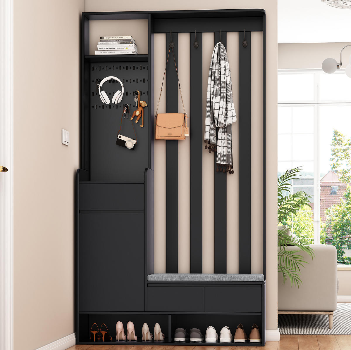 FLURGARDEROBE mit Sitzbank 100 x 35 x 180 cm MDF Schwarz - Schwarz, Holzwerkstoff (35/180/100cm) - Beauniv