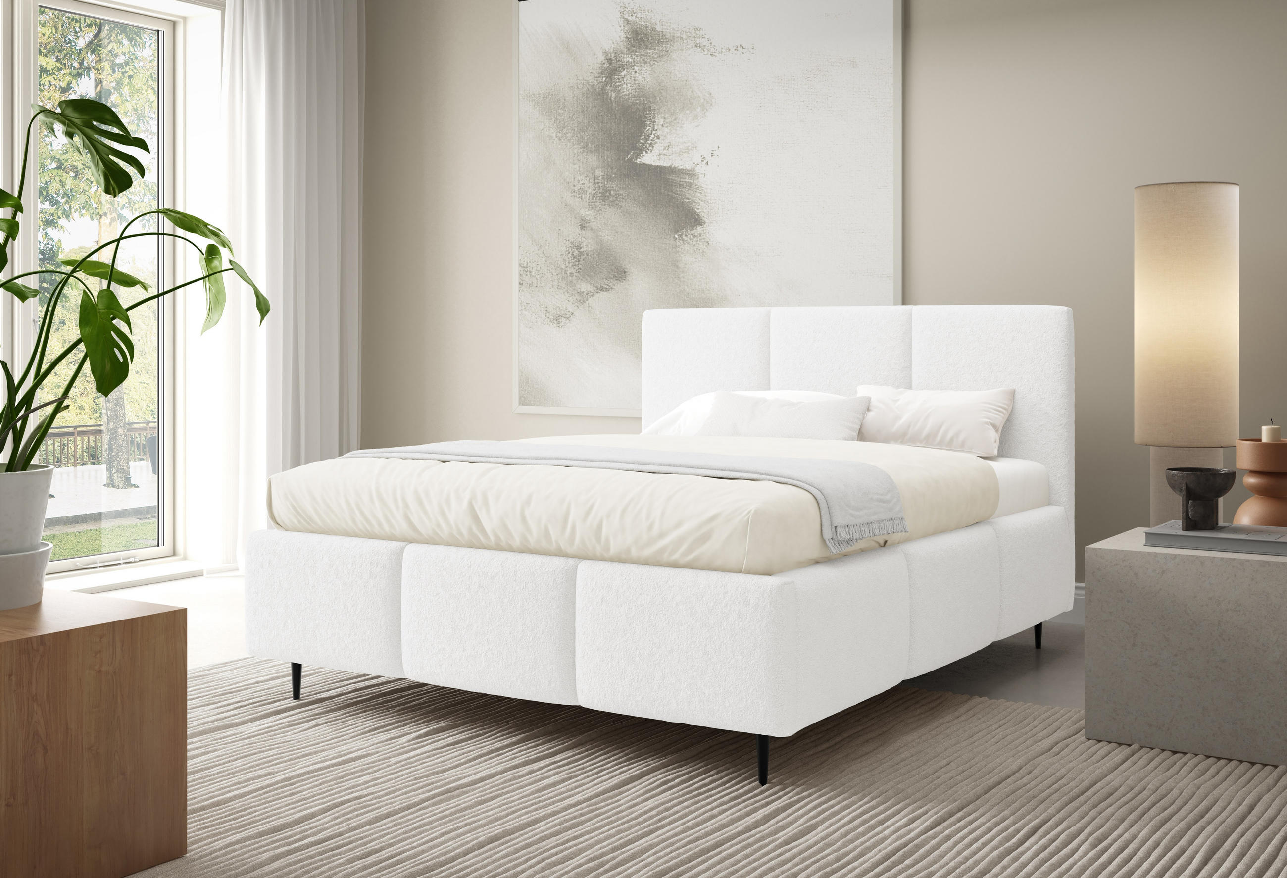 POLSTERBETT VALERIO mit Beinen mit Bettkasten, Bett 180x200,Doppelbett,Lattenrost,Boxspringbett-Optik,ohne Matratze,Schlafzimmer-Weiß - Weiß, Holz (180/200cm) - Furnistar