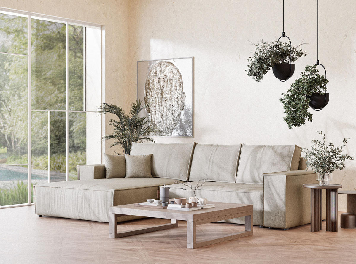 ECKSOFA MIT SCHLAFFUNKTION Maze Beige Webstoff - Beige/Schwarz, Holz/Holzwerkstoff (294/185cm) - Maison de Reve