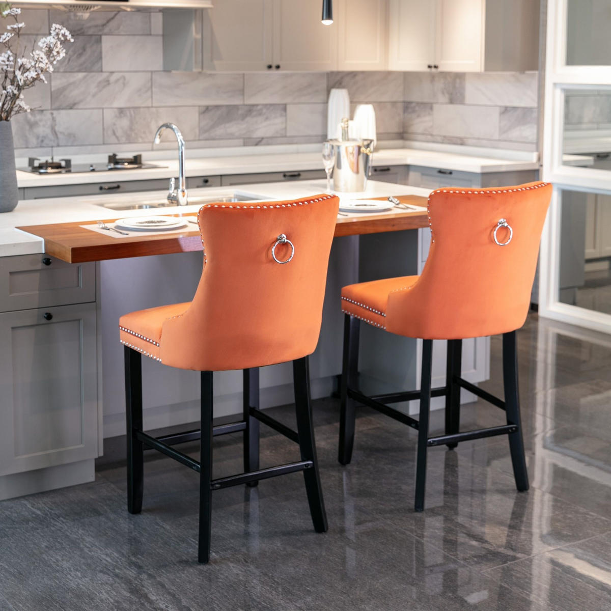 BARHOCKER mit hoher Rückenlehne Samt Orange 2er-Set - Orange, Holz (50/103/60cm) - Meubliv