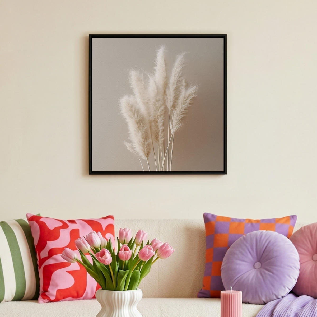 LEINWAND Bilder mit Rahmen - Pampasgras - Federn - Pastell - Weiß - 50x50 - Naturfarben, Textil (50/50cm) - MuchoWow