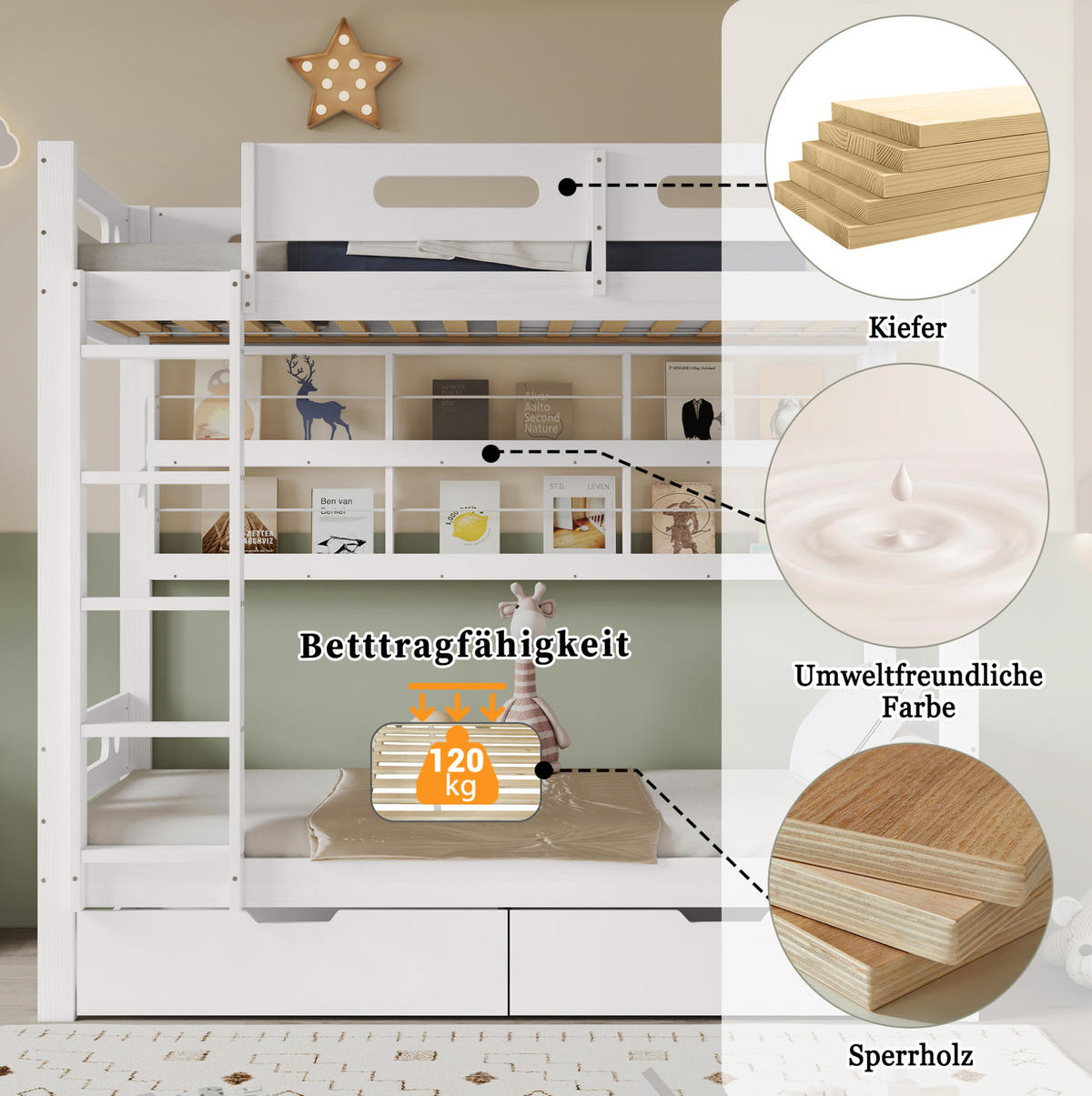 ETAGENBETT 90/200 cm mit 5-stufiger Leiter, Regalfach und 2 Schubladen, Kiefer/MDF, Weiß/Natur - Weiß, Holz (90/200cm) - Redom