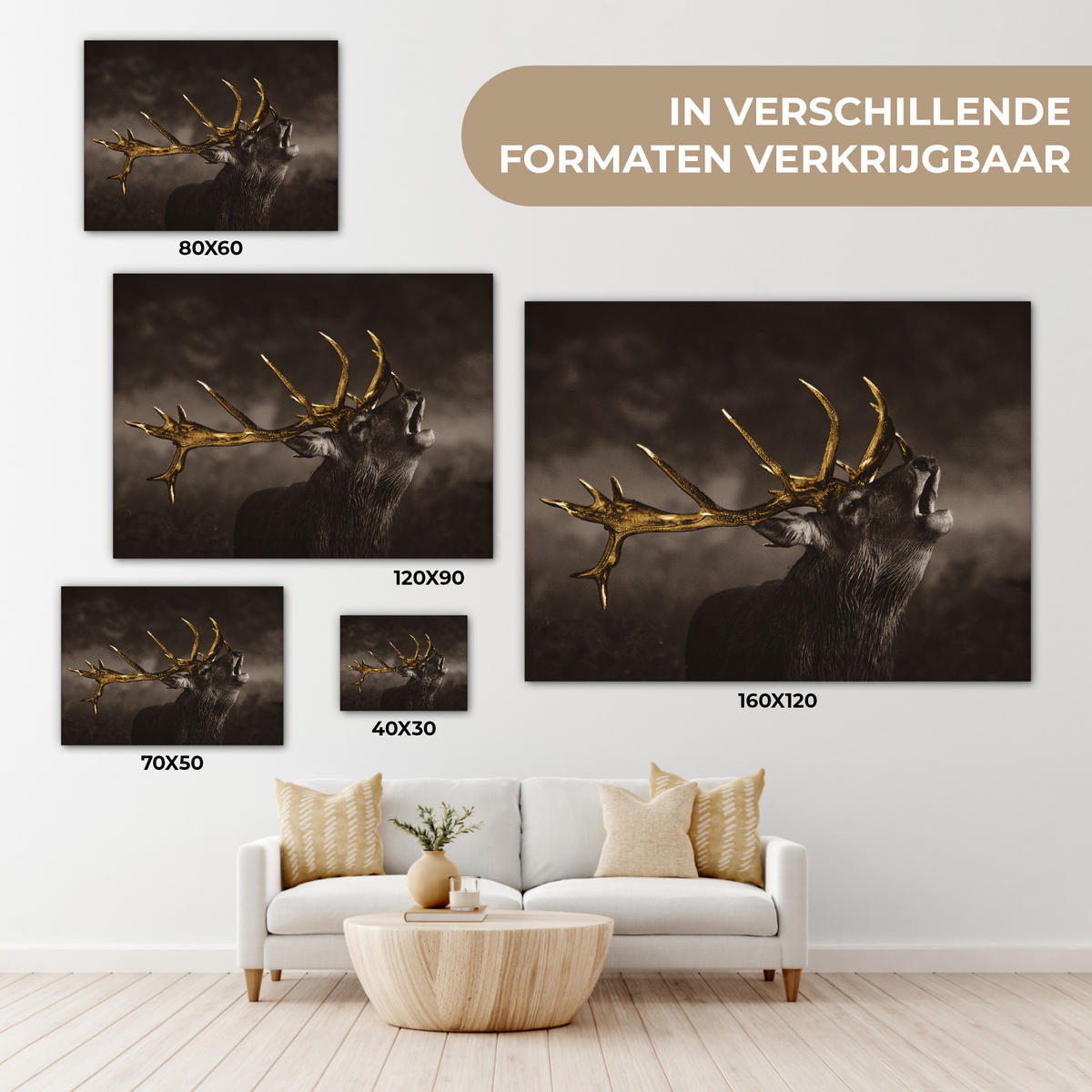 LEINWANDBILD Rotwild - Schwarz - Gold Wandbilder 80x60 cm - Braun, Textil (80/60cm) - MuchoWow