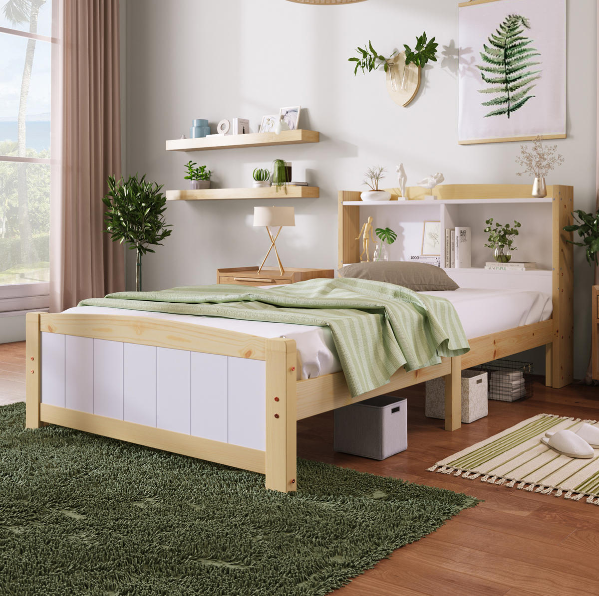 EINZELBETT 90/200 cm mit Stauraum-Kopfteil und Lattenrost, Weiß/Natur - Naturfarben, Holz - Redom