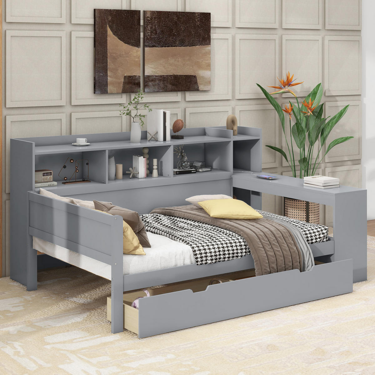 SCHLAFSOFA 90x200cm Grau Spanplatte Nachttischablage Schreibtisch USB - Grau, Holz (90/200cm) - FLIEKS