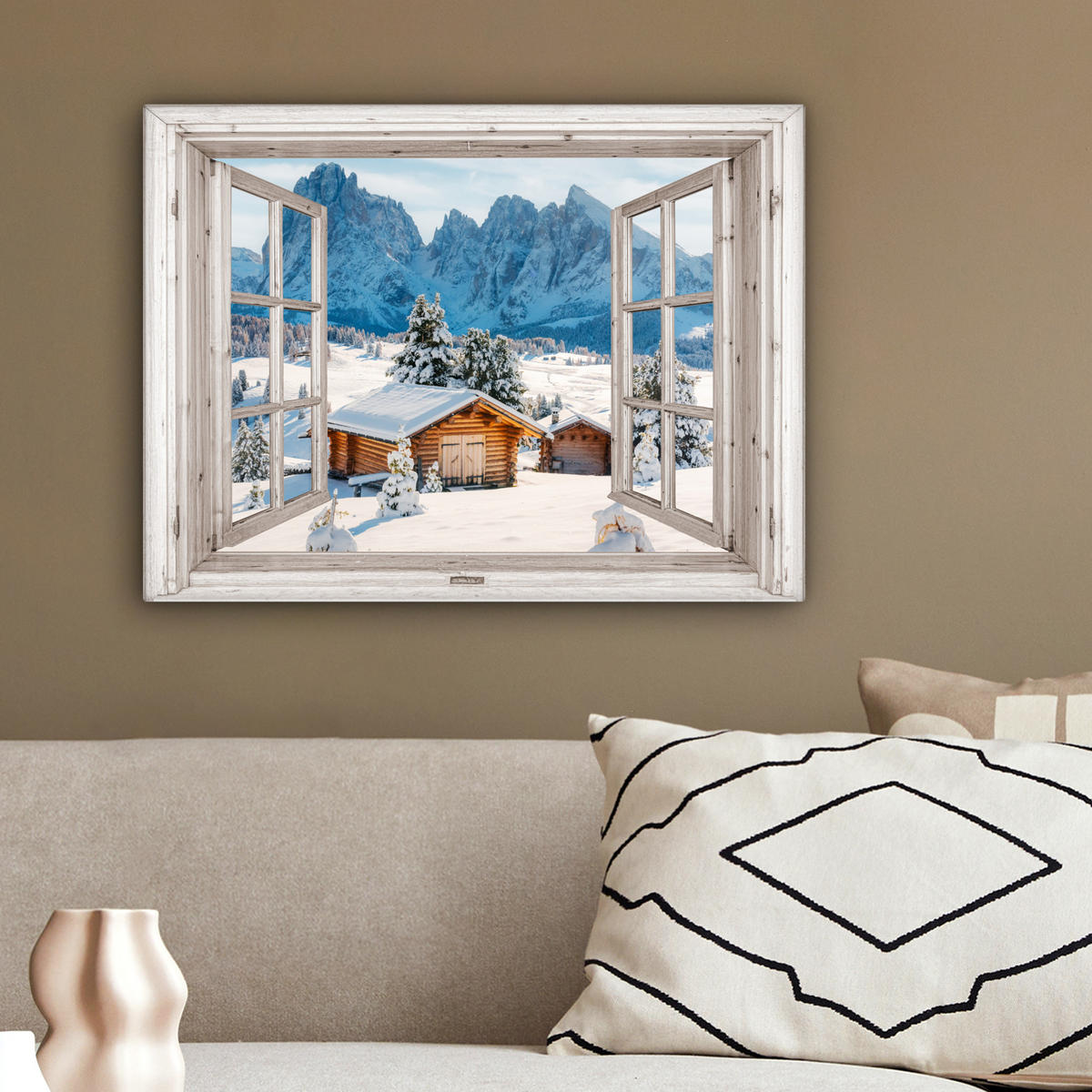 LEINWANDBILD Winterlandschaft - Hütte - Berge - Ausblicke - Aussicht - Natur 40x30 cm - Weiß Hochglanz, Textil (40/30cm) - MuchoWow
