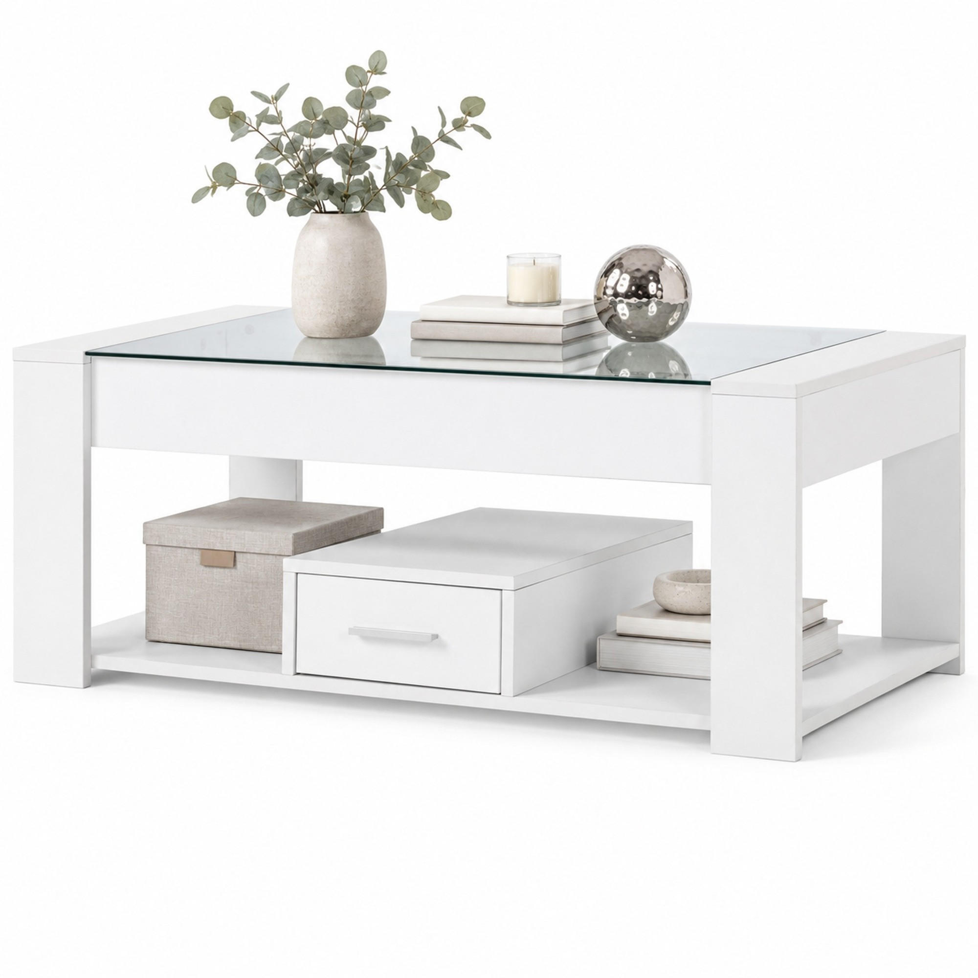 COUCHTISCH aus Spanplatte 100x50x40 cm Weiß mit Glasplatte, 2 Schubladen und Stauraum - Weiß, Holzwerkstoff (100/50/40cm) - IVMEU