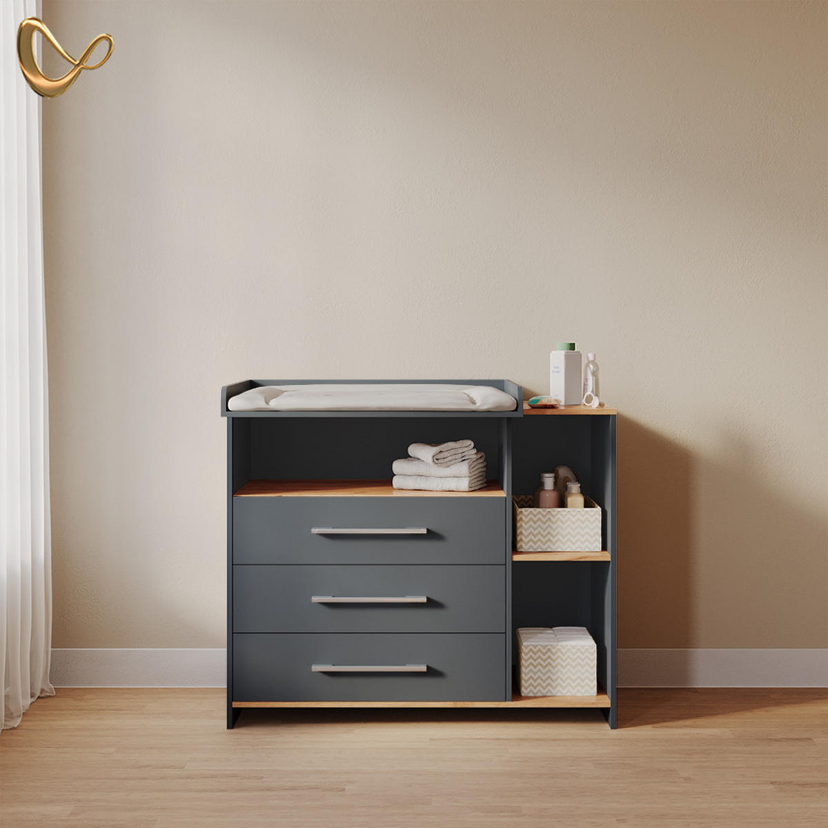 WICKELKOMMODE Torino Anthrazit/Goldkraft Eiche mit 3 Schubladen - Honigeiche/Anthrazit, Holzwerkstoff (113/93/53.1cm) - Livinity®