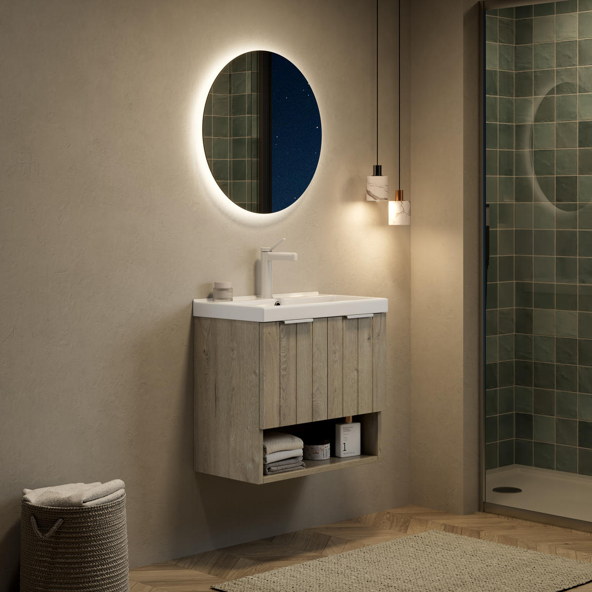 WASCHTISCHUNTERSCHRANK 55x32x53cm Creme/Weiß mit glänzendem Keramikbecken - Creme, Keramik (55/53/32cm) - Modfu