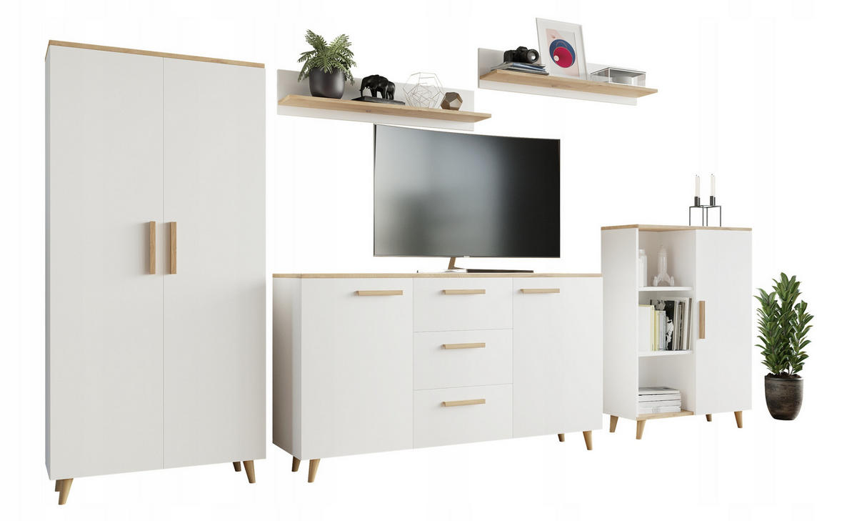 WOHNWAND MALMO 5-teilig Weiß-Artisan Eiche - Multicolor, Holzwerkstoff (150/75/40cm) - Matkam Möbel
