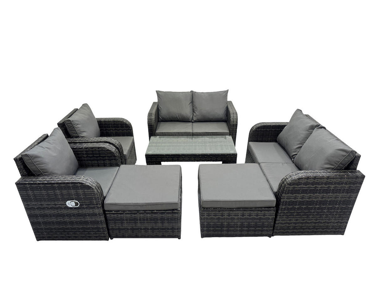 GARTENMÖBEL SET mit Sofa Polyrattan 6-Sitzer Dunkelgrau - Dunkelgrau/Grau, Glas/Kunststoff - Fimous