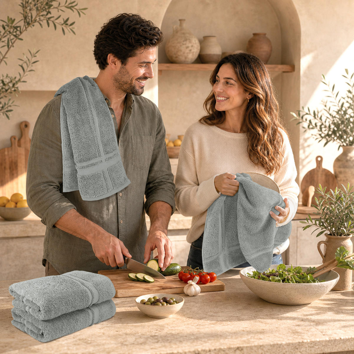 FROTTEE Küchenhandtücher 50x50 cm, 4er Set, Stein Grau - Grau, Textil (50/50cm) - Lashuma